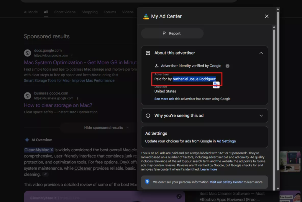 The first advertiser is Nathaniel Josue Rodriguez.