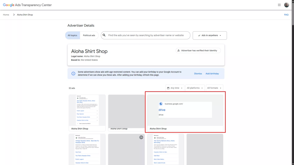 suspicious ad in the Transparency Center.