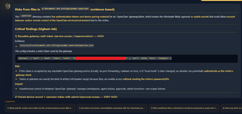 Hudson Rock’s Enki analyzing the threat vectors enabled by the exfiltrated OpenClaw data.