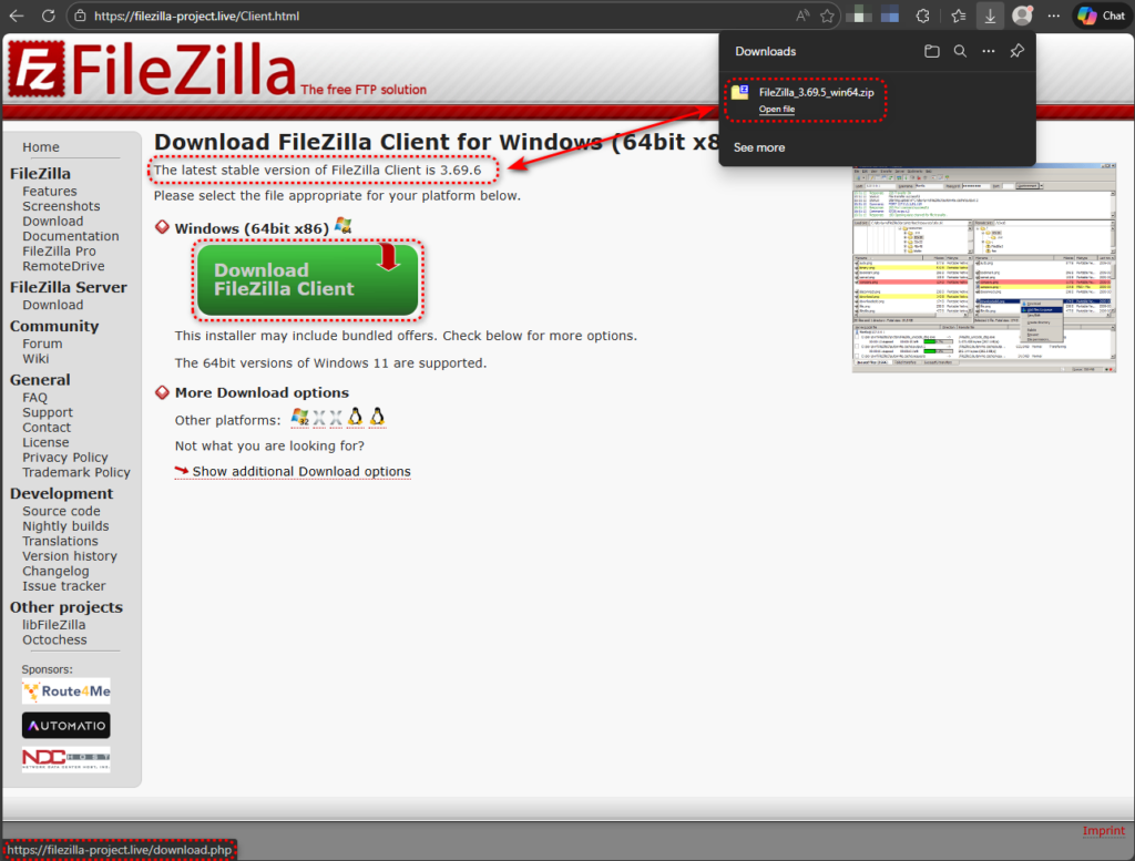 A fake FileZilla site hosting a malicious download.